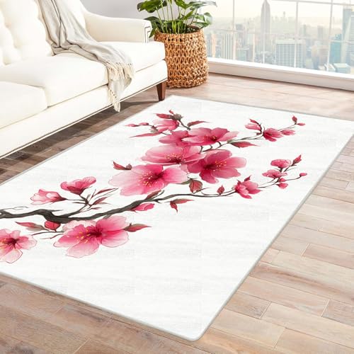 CUDAOO Bedruckter Innen-/Außenteppich Pfirsichblüten Teppich Wohnzimmer Schlafzimmer(Violett)-120x180cm von CUDAOO