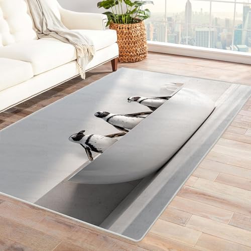 CUDAOO Bedruckter Innen-/Außenteppich Pinguine in der Badewanne Für Wohnzimmer, Sofa, Tisch, Flur, Fußmatte,Schlafzimmer(Schwarz Weiß)-210x270cm von CUDAOO