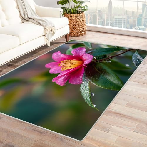 CUDAOO Bedruckter Innen-/Außenteppich Pulver Tee Blumen Für Wohnzimmer, Sofa, Tisch, Flur, Fußmatte,Schlafzimmer(Rot)-90x150cm von CUDAOO