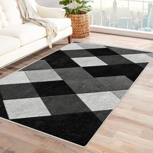 CUDAOO Bedruckter Innen-/Außenteppich Rautenmuster Tepich Moderne Wohnzimmer Vintage Schlafzimmer(Schwarz und weiß.)-90x120cm von CUDAOO