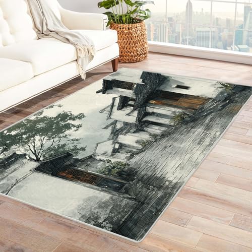 CUDAOO Bedruckter Innen-/Außenteppich Regen Alley Haus Teppich Wohnzimmer Schlafzimmer(Grau)-120x150cm von CUDAOO