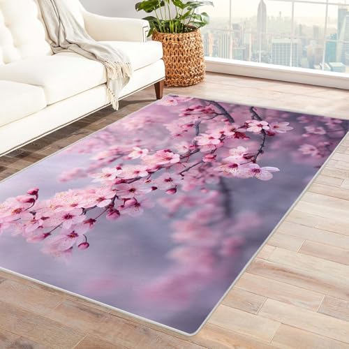 CUDAOO Bedruckter Innen-/Außenteppich Rosa Blumen Zweig Für Wohnzimmer, Sofa, Tisch, Flur, Fußmatte,Schlafzimmer(Rosa)-210x270cm von CUDAOO