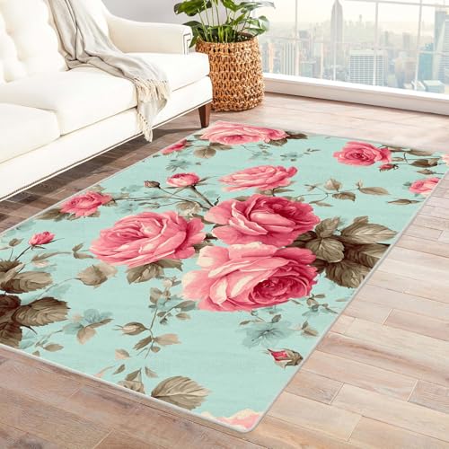CUDAOO Bedruckter Innen-/Außenteppich Rosa Blumen auf blauem Hintergrund Teppich Wohnzimmer Schlafzimmer(Rosa)-240x300cm von CUDAOO