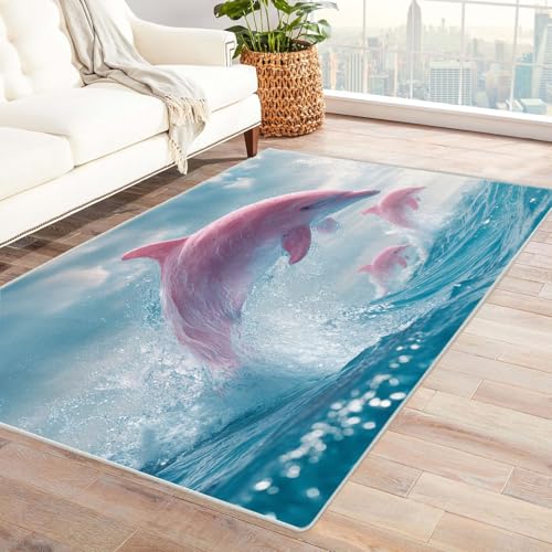 CUDAOO Bedruckter Innen-/Außenteppich Rosa Delfine Für Wohnzimmer, Sofa, Tisch, Flur, Fußmatte,Schlafzimmer(Rosa)-150x240cm von CUDAOO