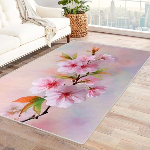 CUDAOO Bedruckter Innen-/Außenteppich Rosa Kirsche Zweig Für Wohnzimmer, Sofa, Tisch, Flur, Fußmatte,Schlafzimmer(Rosa)-240x300cm von CUDAOO
