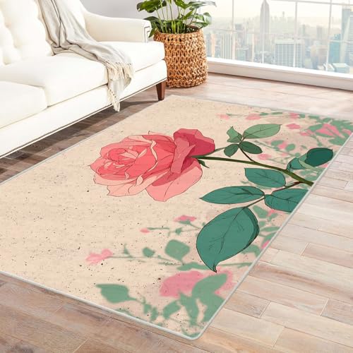 CUDAOO Bedruckter Innen-/Außenteppich Rosa Rose Teppich Wohnzimmer Schlafzimmer(Lichtrosa)-90x120cm von CUDAOO