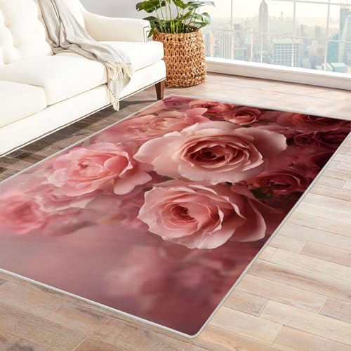 CUDAOO Bedruckter Innen-/Außenteppich Rosa Rose Teppich Wohnzimmer Schlafzimmer(Rosa)-150x210cm von CUDAOO
