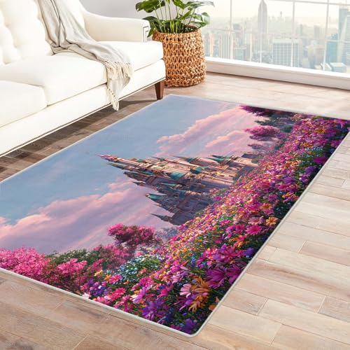 CUDAOO Bedruckter Innen-/Außenteppich Rosa Schloss Teppich Wohnzimmer Schlafzimmer(Rosa)-150x180cm von CUDAOO