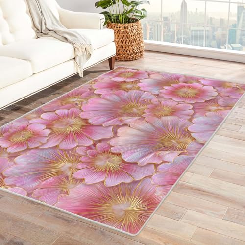 CUDAOO Bedruckter Innen-/Außenteppich Rosa-goldene Blume Tepich Moderne Wohnzimmer Vintage Schlafzimmer(Rosa)-240x300cm von CUDAOO
