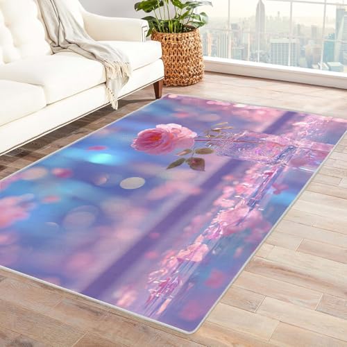 CUDAOO Bedruckter Innen-/Außenteppich Rose in der Flasche Teppich Wohnzimmer Schlafzimmer(Lichtrosa)-90x150cm von CUDAOO
