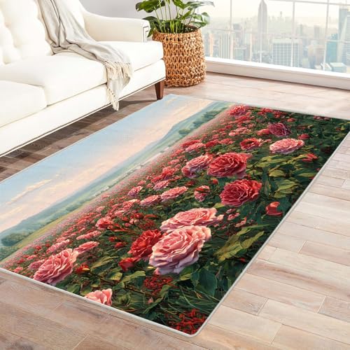 CUDAOO Bedruckter Innen-/Außenteppich Rosengarten Teppich Wohnzimmer Schlafzimmer(Rosa)-240x300cm von CUDAOO