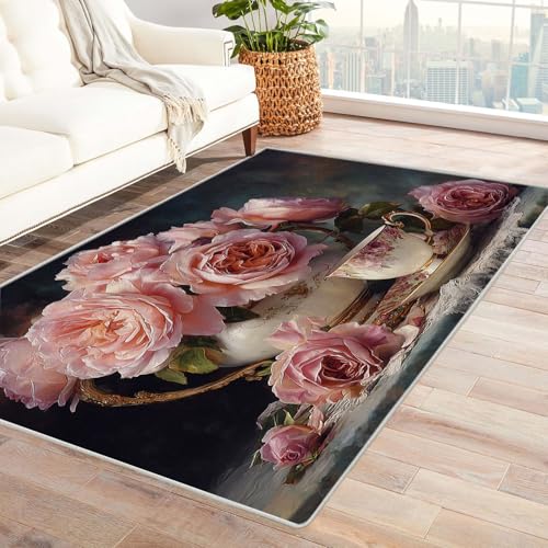 CUDAOO Bedruckter Innen-/Außenteppich Rosentee Teppich Wohnzimmer Schlafzimmer(Rosa)-150x210cm von CUDAOO
