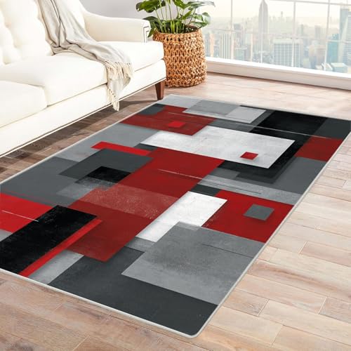 CUDAOO Bedruckter Innen-/Außenteppich Rot-Grauer Block Tepich Moderne Wohnzimmer Vintage Schlafzimmer(Rot)-150x210cm von CUDAOO