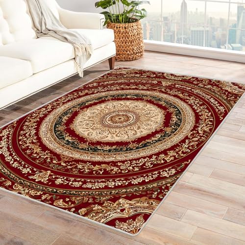 CUDAOO Bedruckter Innen-/Außenteppich Rot-goldenes Muster Für Wohnzimmer, Sofa, Tisch, Flur, Fußmatte,Schlafzimmer(Rot)-150x180cm von CUDAOO