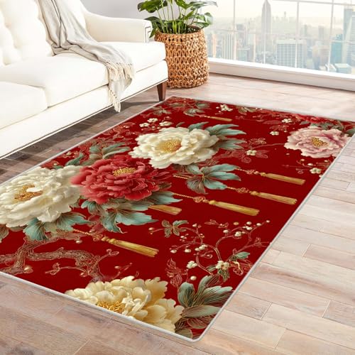 CUDAOO Bedruckter Innen-/Außenteppich Rotboden Peonie Tepich Moderne Wohnzimmer Vintage Schlafzimmer(Rot)-150x210cm von CUDAOO