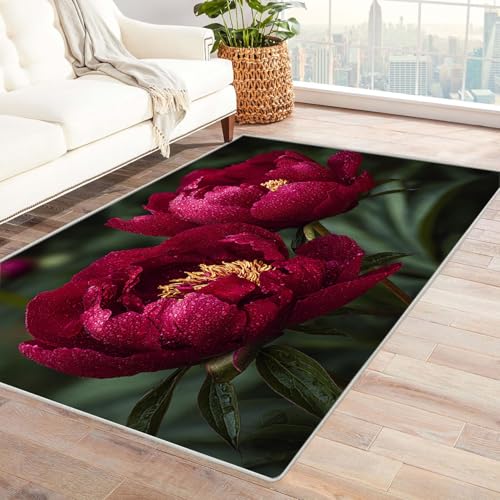 CUDAOO Bedruckter Innen-/Außenteppich Rote Peonie Für Wohnzimmer, Sofa, Tisch, Flur, Fußmatte,Schlafzimmer(Rot)-180x270cm von CUDAOO