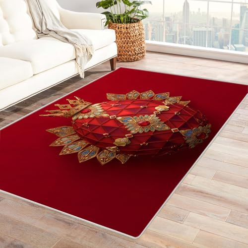 CUDAOO Bedruckter Innen-/Außenteppich Rote und goldene Eier Teppich Wohnzimmer Schlafzimmer(Rot)-210x300cm von CUDAOO