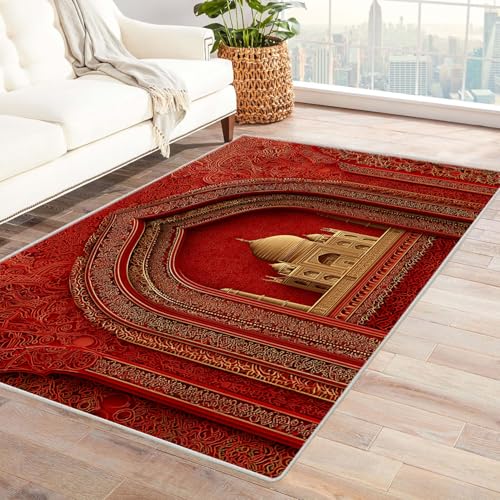 CUDAOO Bedruckter Innen-/Außenteppich Roter Bogen mit goldenem Gebäude Tepich Moderne Wohnzimmer Vintage Schlafzimmer(Rot)-240x300cm von CUDAOO