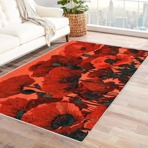 CUDAOO Bedruckter Innen-/Außenteppich Roter Mohn Für Wohnzimmer, Sofa, Tisch, Flur, Fußmatte,Schlafzimmer(Rot)-120x180cm von CUDAOO
