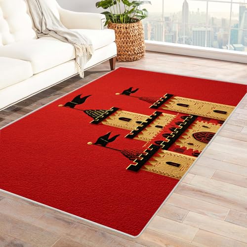 CUDAOO Bedruckter Innen-/Außenteppich Rotes Schloss Tepich Moderne Wohnzimmer Vintage Schlafzimmer(Rot)-150x210cm von CUDAOO