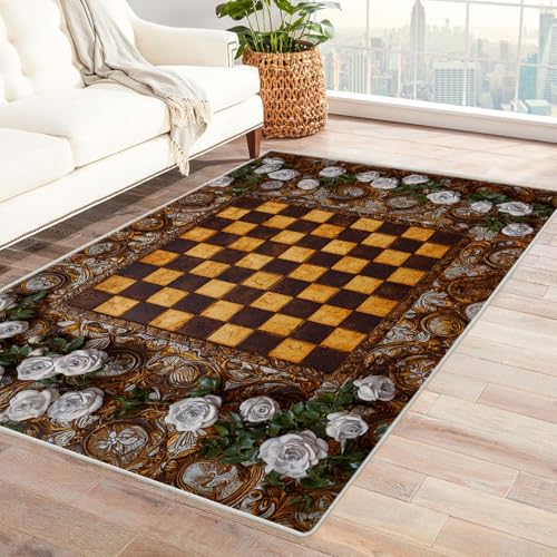 CUDAOO Bedruckter Innen-/Außenteppich Schachbrett-Blumenständer Für Wohnzimmer, Sofa, Tisch, Flur, Fußmatte,Schlafzimmer(Braun.)-90x150cm von CUDAOO