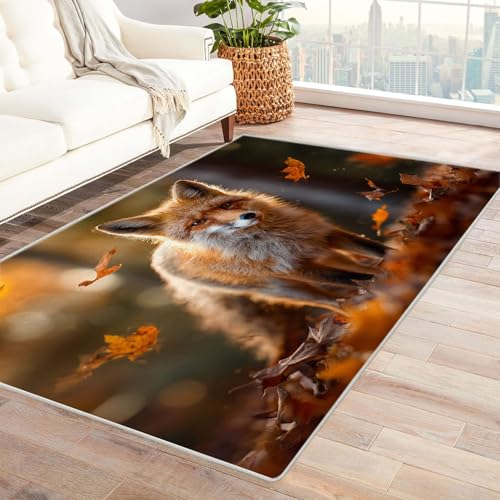 CUDAOO Bedruckter Innen-/Außenteppich Schatten eines Herbstfuchses Teppich Wohnzimmer Schlafzimmer(Orange)-60x90cm von CUDAOO
