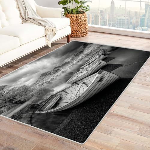 CUDAOO Bedruckter Innen-/Außenteppich Schatten von Seebooten Für Wohnzimmer, Sofa, Tisch, Flur, Fußmatte,Schlafzimmer(Schwarz und Weiß)-90x150cm von CUDAOO