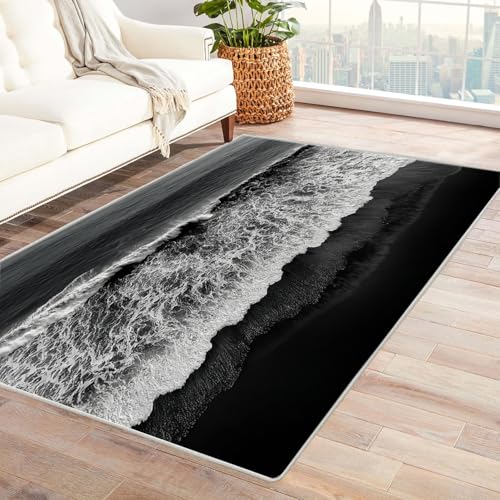 CUDAOO Bedruckter Innen-/Außenteppich Schichtige Sandwellen Für Wohnzimmer, Sofa, Tisch, Flur, Fußmatte,Schlafzimmer(Schwarz und Weiß)-150x180cm von CUDAOO