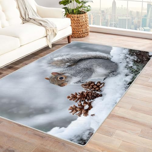 CUDAOO Bedruckter Innen-/Außenteppich Schnee-Eichhörnchen Tepich Moderne Wohnzimmer Vintage Schlafzimmer(Grau)-150x180cm von CUDAOO
