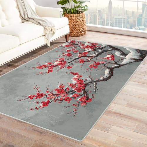CUDAOO Bedruckter Innen-/Außenteppich Schnee Pflaumenzweig Teppich Wohnzimmer Schlafzimmer(Rot)-150x210cm von CUDAOO