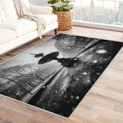 CUDAOO Bedruckter Innen-/Außenteppich Schneefall im Frühling Teppich Wohnzimmer Schlafzimmer(Schwarz und Weiß)-210x270cm von CUDAOO