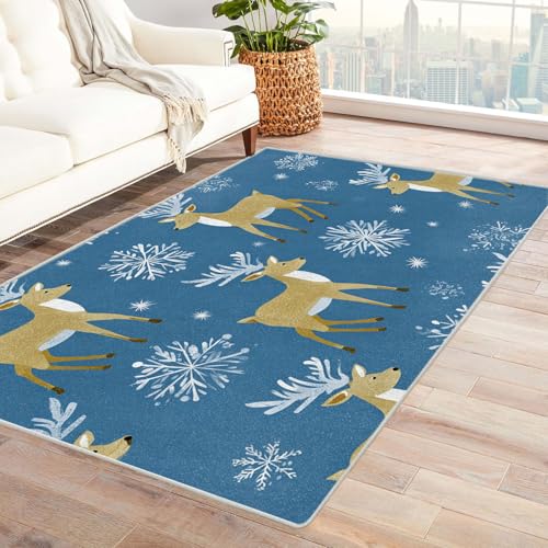 CUDAOO Bedruckter Innen-/Außenteppich Schneeflockenhirsch Teppich Wohnzimmer Schlafzimmer(Blau.)-150x240cm von CUDAOO
