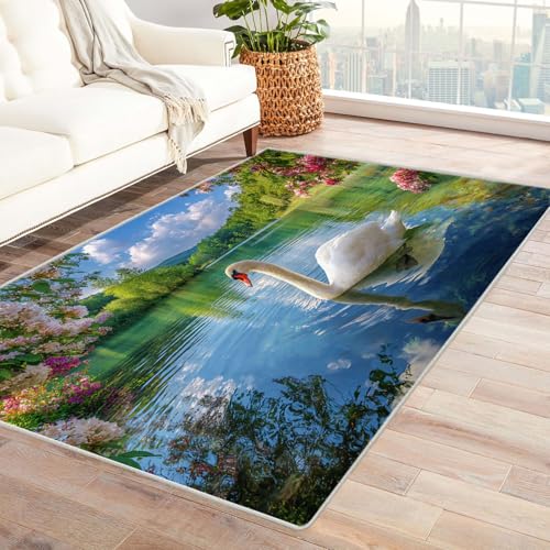 CUDAOO Bedruckter Innen-/Außenteppich Schwanensee Teppich Wohnzimmer Schlafzimmer(Grün)-120x150cm von CUDAOO
