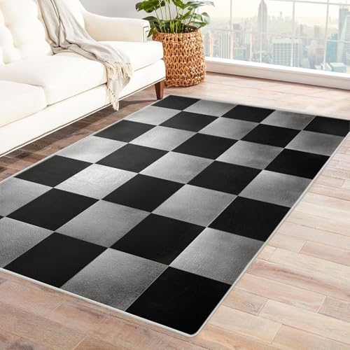 CUDAOO Bedruckter Innen-/Außenteppich Schwarz-weißes Karomuster Für Wohnzimmer, Sofa, Tisch, Flur, Fußmatte,Schlafzimmer(Schwarz und weiß.)-120x180cm von CUDAOO