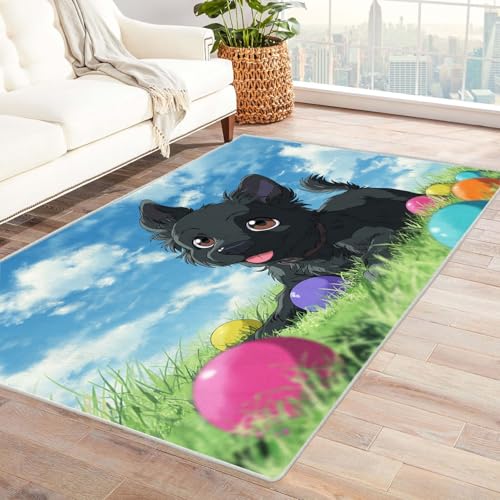 CUDAOO Bedruckter Innen-/Außenteppich Schwarzer Hund Macht Spaß Für Wohnzimmer, Sofa, Tisch, Flur, Fußmatte,Schlafzimmer(schwarz)-150x180cm von CUDAOO