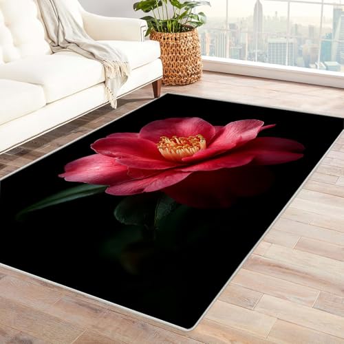 CUDAOO Bedruckter Innen-/Außenteppich Schwarzer Tee Blumen Teppich Wohnzimmer Schlafzimmer(Rot)-150x210cm von CUDAOO