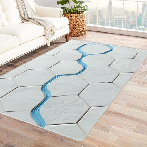 CUDAOO Bedruckter Innen-/Außenteppich Sechseckige Wellen Teppich Wohnzimmer Schlafzimmer(Weiß)-120x150cm von CUDAOO
