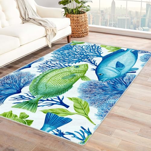 CUDAOO Bedruckter Innen-/Außenteppich Seefischmalerei Für Wohnzimmer, Sofa, Tisch, Flur, Fußmatte,Schlafzimmer(Blau.)-90x150cm von CUDAOO