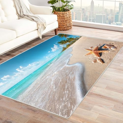 CUDAOO Bedruckter Innen-/Außenteppich Seesternstrand Für Wohnzimmer, Sofa, Tisch, Flur, Fußmatte,Schlafzimmer(Blau)-90x120cm von CUDAOO