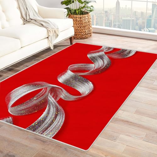 CUDAOO Bedruckter Innen-/Außenteppich Silbergürtel auf rotem Hintergrund Für Wohnzimmer, Sofa, Tisch, Flur, Fußmatte,Schlafzimmer(Rot)-150x210cm von CUDAOO