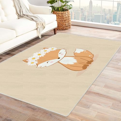 CUDAOO Bedruckter Innen-/Außenteppich Sitzender Blumenfuchs Tepich Moderne Wohnzimmer Vintage Schlafzimmer(Orange)-90x150cm von CUDAOO