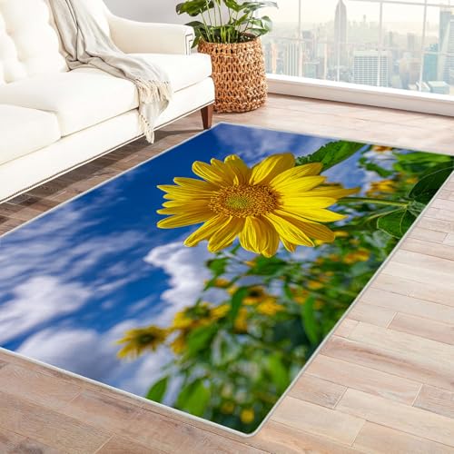 CUDAOO Bedruckter Innen-/Außenteppich Sonnenblumen Für Wohnzimmer, Sofa, Tisch, Flur, Fußmatte,Schlafzimmer(Gelb)-90x150cm von CUDAOO