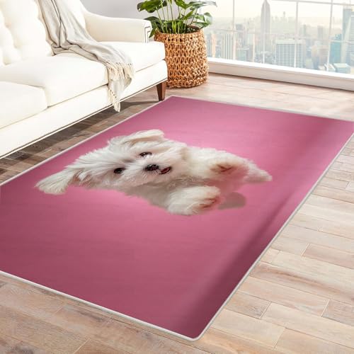 CUDAOO Bedruckter Innen-/Außenteppich Springender Hund Für Wohnzimmer, Sofa, Tisch, Flur, Fußmatte,Schlafzimmer(Rosa)-90x150cm von CUDAOO