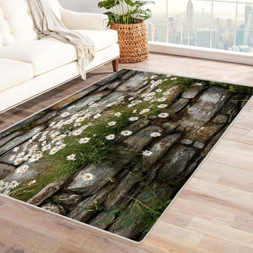 CUDAOO Bedruckter Innen-/Außenteppich Steinmauer Chrysanthemum Teppich Wohnzimmer Schlafzimmer(Weiß)-90x150cm von CUDAOO