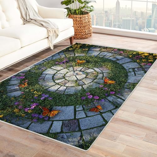 CUDAOO Bedruckter Innen-/Außenteppich Steinweg-Schmetterling Für Wohnzimmer, Sofa, Tisch, Flur, Fußmatte,Schlafzimmer(Grün.)-150x180cm von CUDAOO