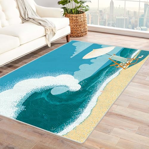 CUDAOO Bedruckter Innen-/Außenteppich Strandkorb Tepich Moderne Wohnzimmer Vintage Schlafzimmer(Blau)-150x210cm von CUDAOO