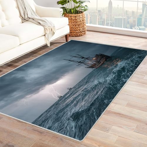 CUDAOO Bedruckter Innen-/Außenteppich Stürme Boote Für Wohnzimmer, Sofa, Tisch, Flur, Fußmatte,Schlafzimmer(Blau)-60x90cm von CUDAOO