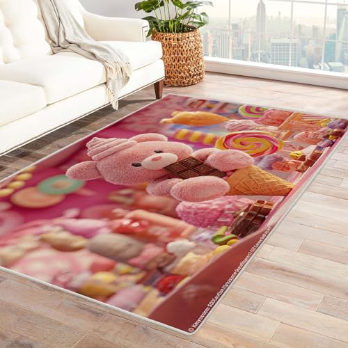 CUDAOO Bedruckter Innen-/Außenteppich Süßer rosa Bär Für Wohnzimmer, Sofa, Tisch, Flur, Fußmatte,Schlafzimmer(Rosa)-210x300cm von CUDAOO