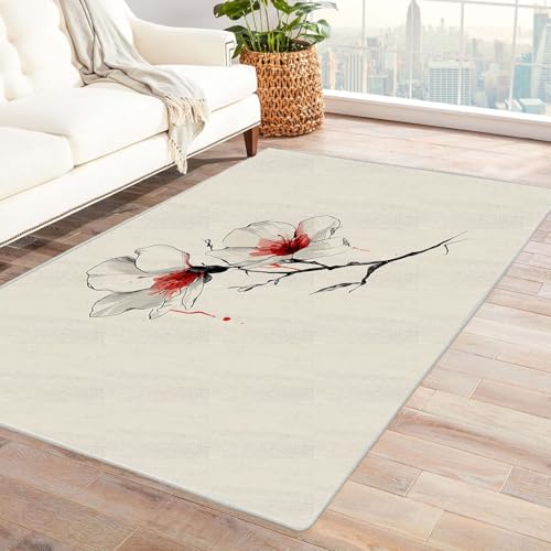 CUDAOO Bedruckter Innen-/Außenteppich Tintenblumen Teppich Wohnzimmer Schlafzimmer(Beige)-90x150cm von CUDAOO