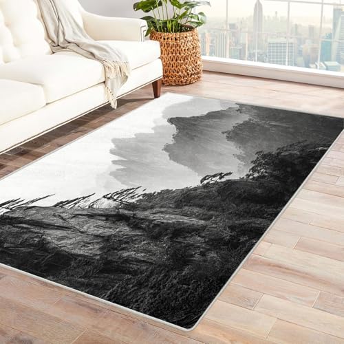 CUDAOO Bedruckter Innen-/Außenteppich Tintenfarbener Wald Für Wohnzimmer, Sofa, Tisch, Flur, Fußmatte,Schlafzimmer(Schwarz und Weiß)-90x150cm von CUDAOO